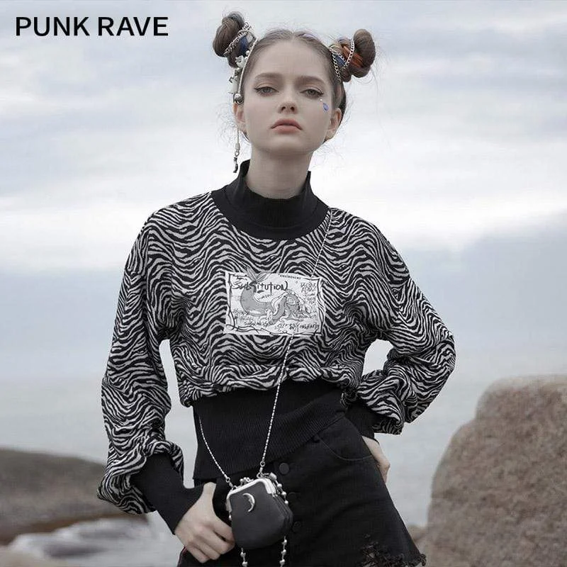 Women's Gothic High Collar Zebra-striped Short Sweatshirts Hoodie with Crew Neck Simple Timeless Women's Gothic High Collar Zebra-striped Short Sweatshirts Hoodie with Crew Neck Simple Timeless