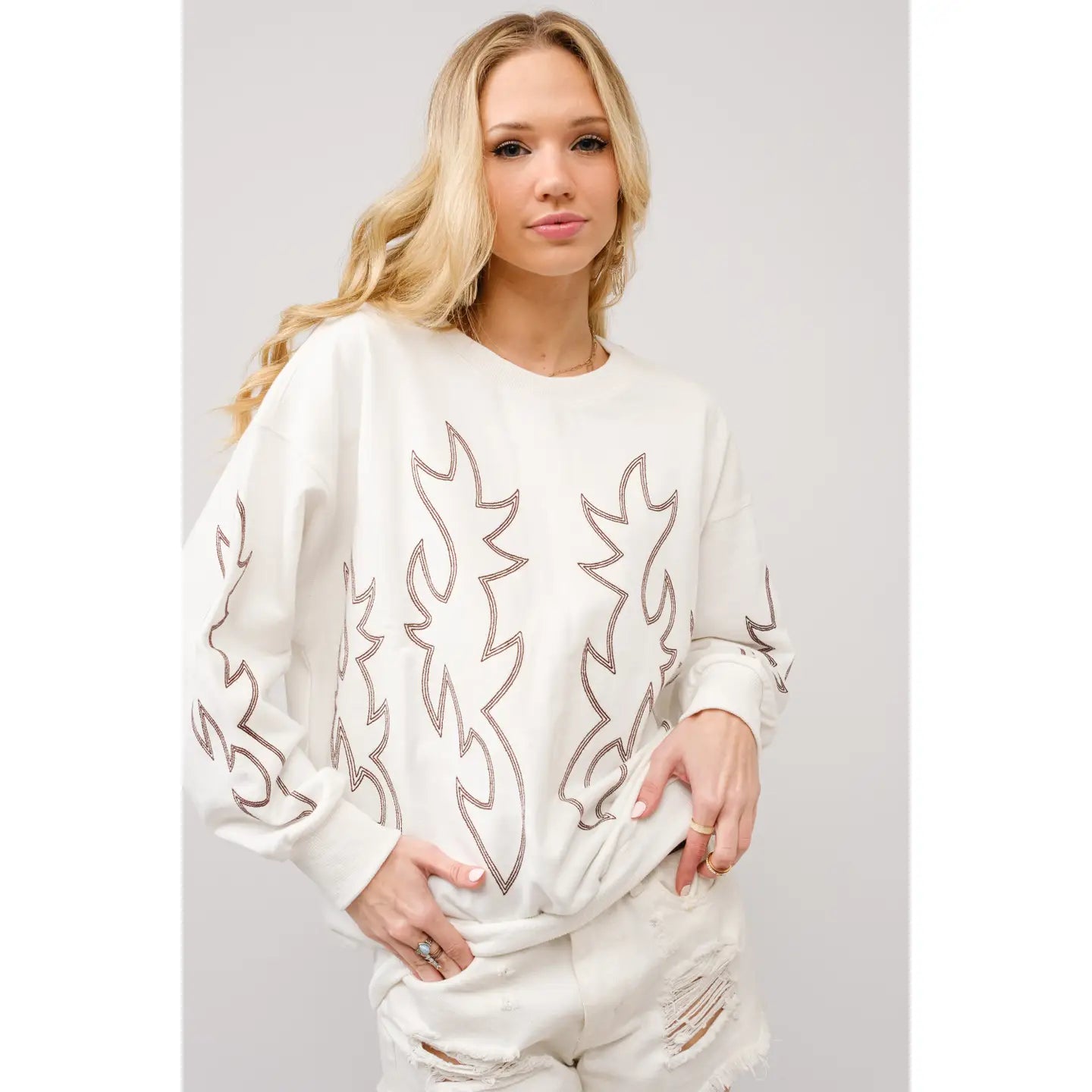 Women's Western Boot Stitch Sweatshirt in Winter White Hoodie with Elastic Waist Stretchable Comfortable