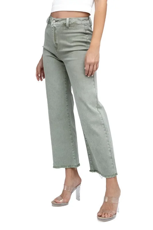 Acid Wash Frayed Cutoff Hem Straight Wide Pants Comfortable Denim Leggings