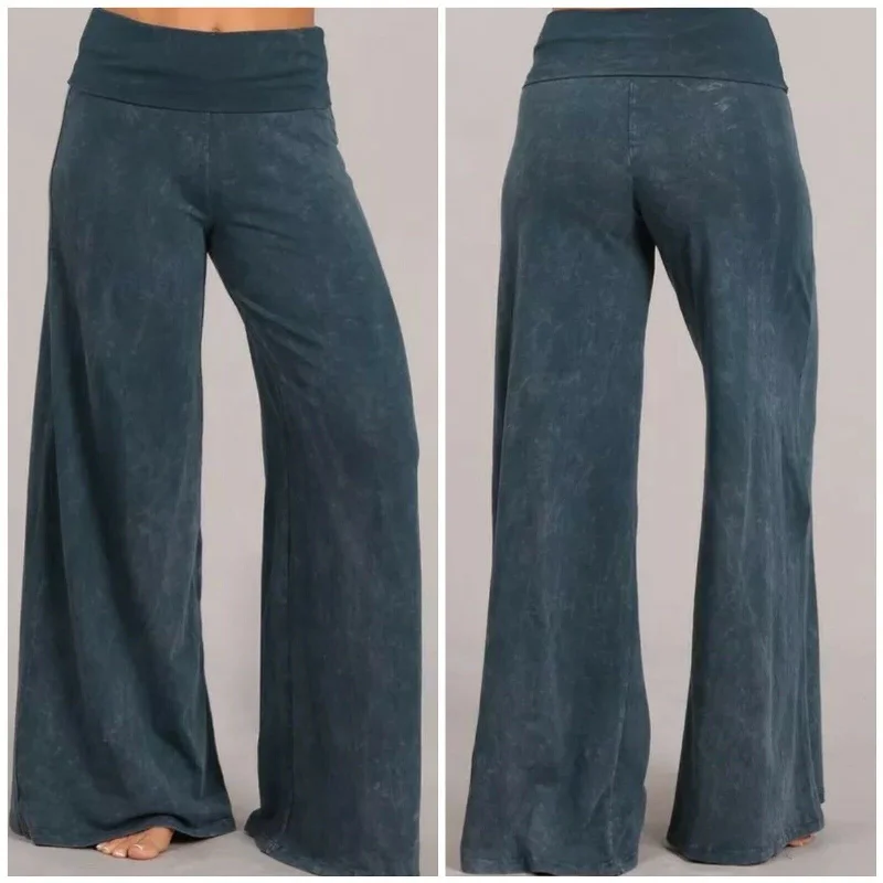 Blue Gray Mineral Wash Wide Led Foldover Over Waistband Casual Boho Womens Pants Trendy Wide-Legged Trousers Blue Gray Mineral Wash Wide Led Foldover Over Waistband Casual Boho Womens Pants Trendy Wide-Legged Trousers