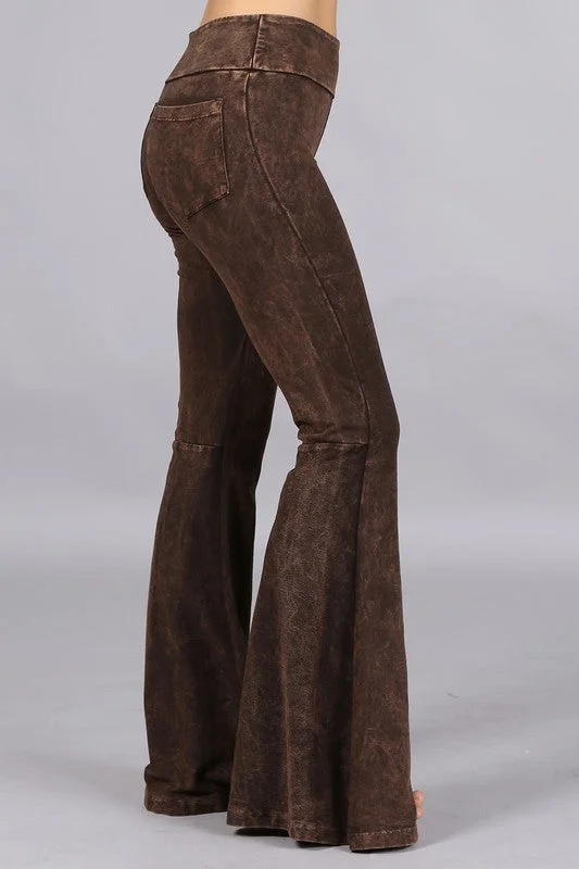 Brown Mineral Wash French Terry Flared Bell Bottom Pull On Pants w/ Pockets Relaxed Lounge Trousers