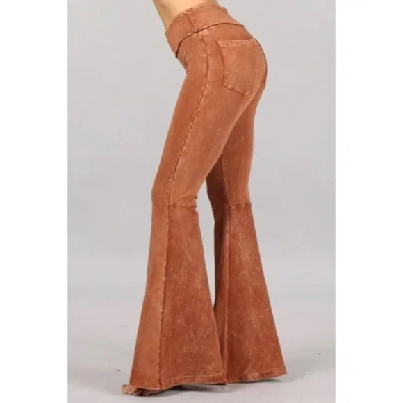Sugar Almond Mineral Wash French Terry Flared Bell Bottom Pull On Pants w/ Pockets Comfortable Denim Pants Sugar Almond Mineral Wash French Terry Flared Bell Bottom Pull On Pants w/ Pockets Comfortable Denim Pants