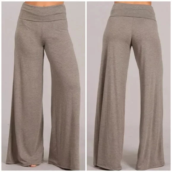 Heather Taupe Casual Wide Leg Solid High Foldover Waist Palazzo Casual Womens Pant Comfortable Denim Leggings Heather Taupe Casual Wide Leg Solid High Foldover Waist Palazzo Casual Womens Pant Comfortable Denim Leggings