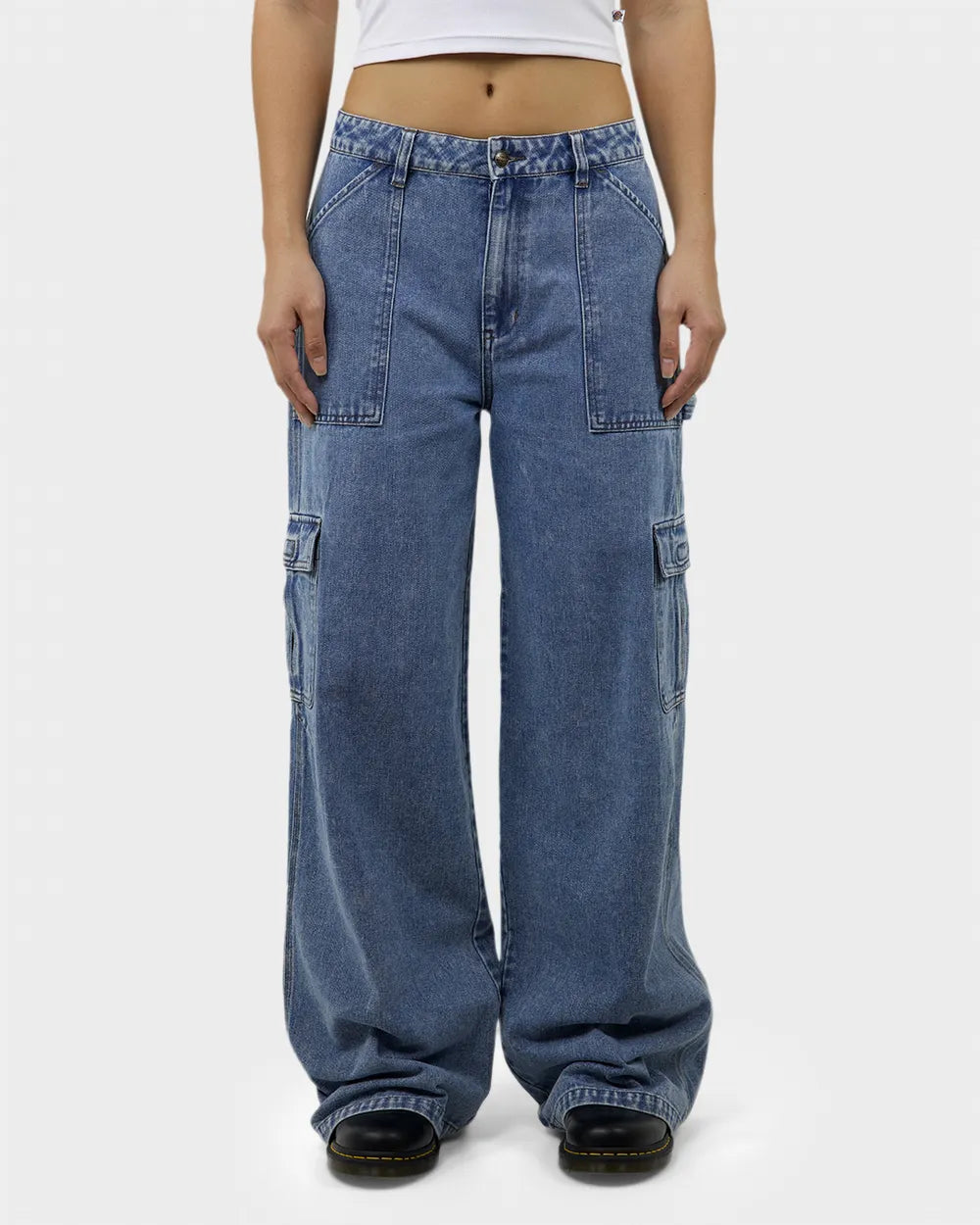 DICKIES Voss Aged Denim Utility Womens Pants - Stone Wash Indigo Stretch Fit Pants
