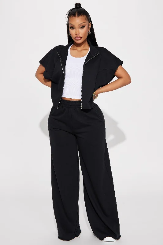 Fair Game Lounge Wide Leg Pant - Black Relaxed High-Waist Trousers
