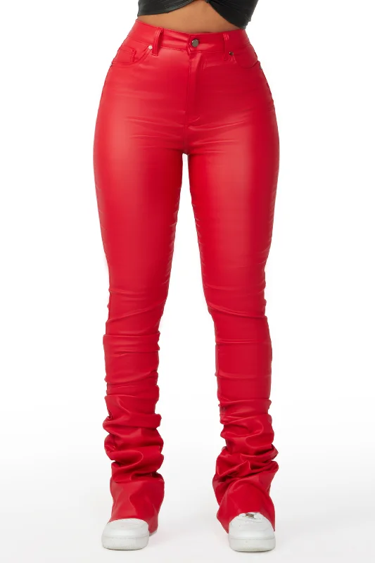 Pay Attention Red PU Super Stacked Flare Pant Comfortable Wide-Leg Pants
