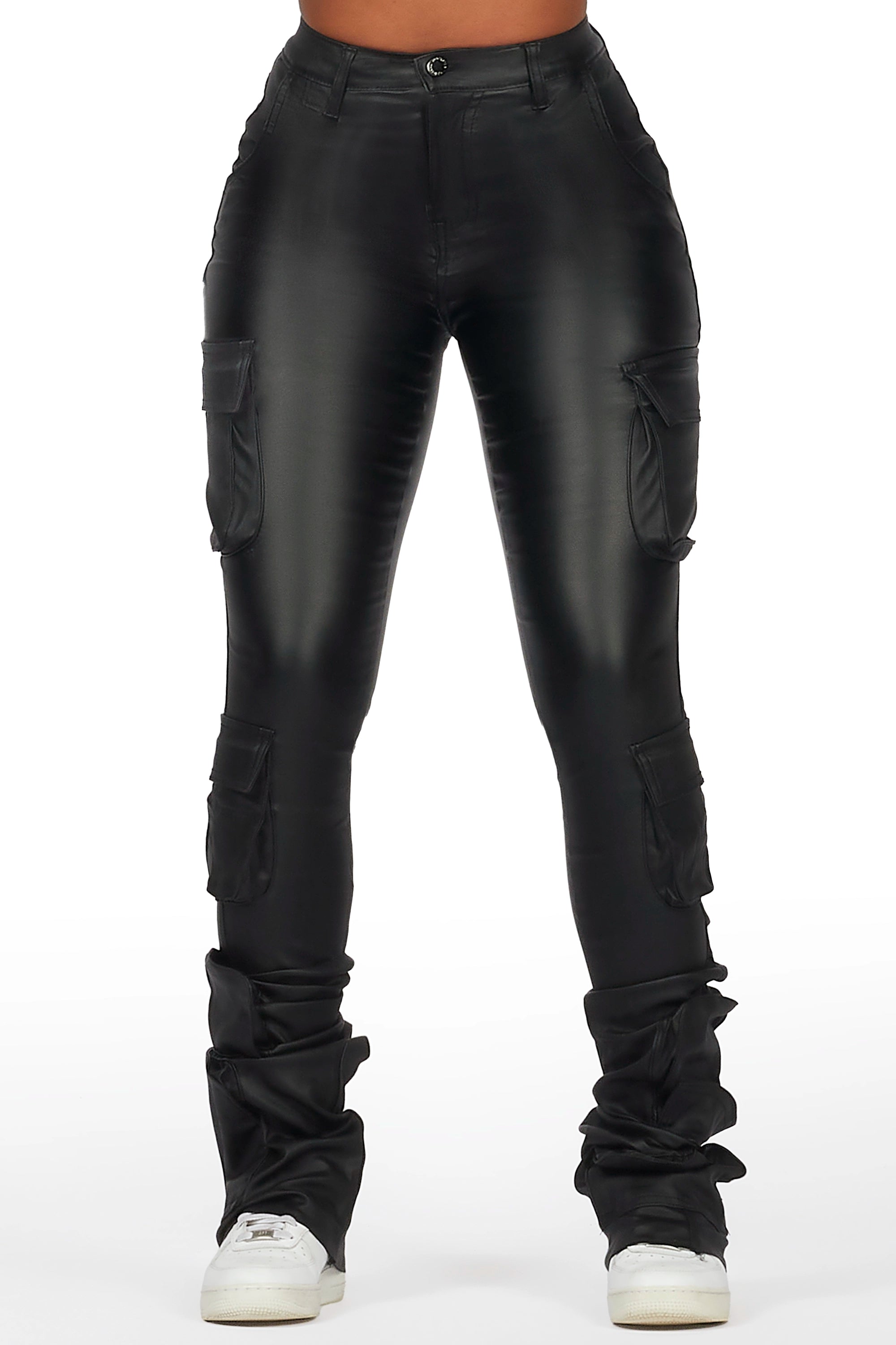 Miracle Black PU Cargo Super Stacked Pant Relaxed High-Waist Trousers
