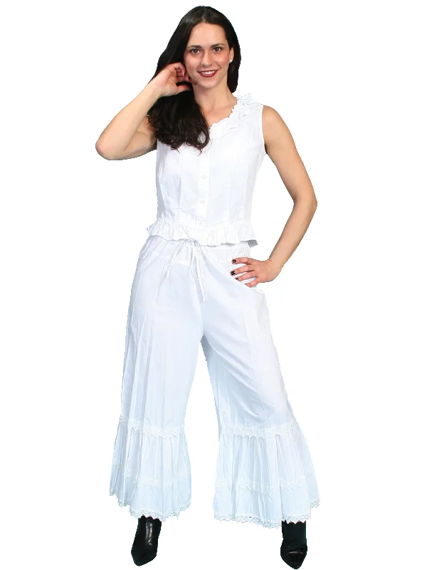 Scully RangeWear Womens White 100% Cotton Ruffle Crochet Lace Pants Bloomers Classic Pleated Pants