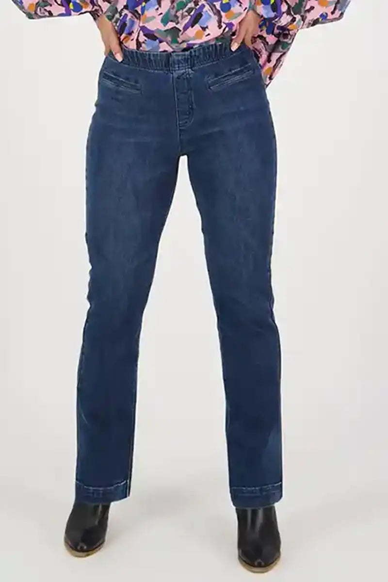 Vassalli Straight Leg  Denim Pull On pants in Dark Indigo Trendy Printed Pants