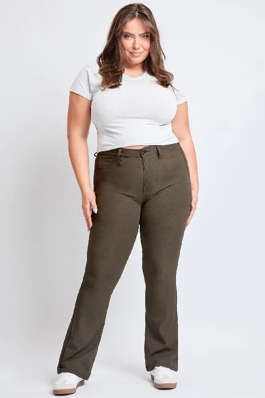 Women´s Plus Size Hyperstretch Flare Pants, Dark Olive Trendy Printed Pants