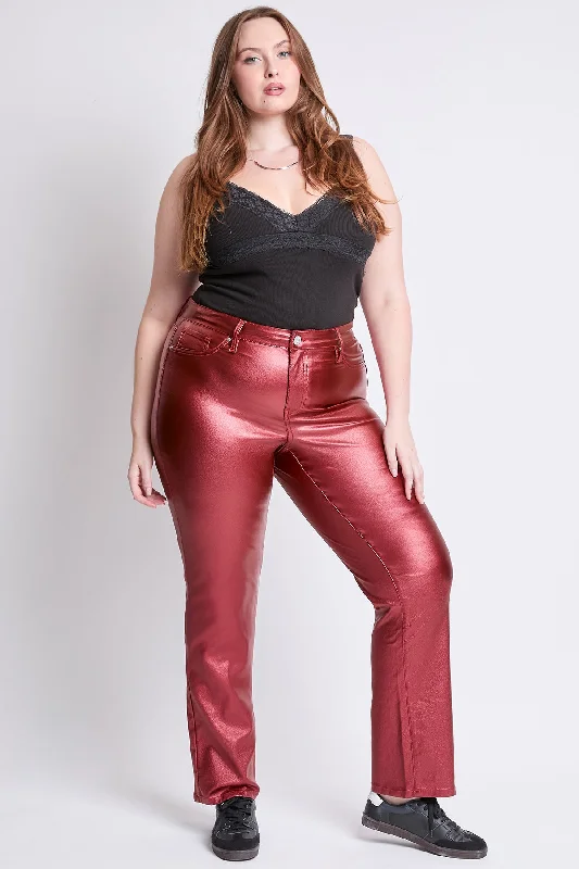 Women's Plus Hyperstretch High Rise Straight Leg Metallic Pant, Red Wine Elegant Trouser Pants