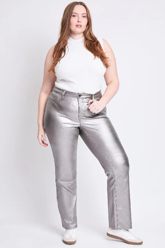 Women's Plus Hyperstretch High Rise Straight Leg Metallic Pant, Smoke Slim-Fit Khaki Pants