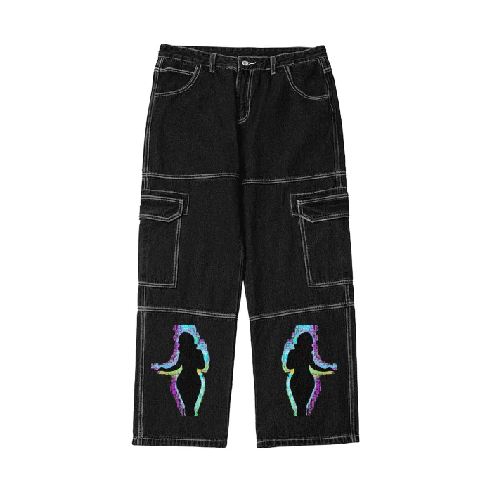 Buxom (Black)Streetwear Unisex Pockets Wide-Legged Straight Cut Denim Jeans Comfortable Mid-Rise Jeans