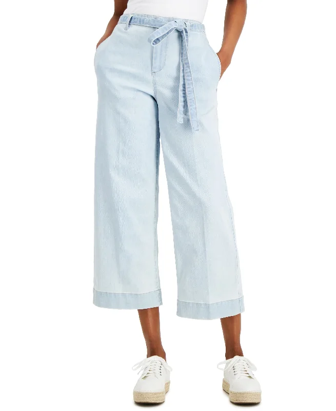 Charter Club Womens Boca Belted Wide-Leg Cropped Jeans Comfortable Dark Wash Jeans