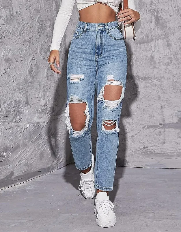 High Rise Ripped Mom Jeans Light Blue Comfortable Flare Leg Jeans