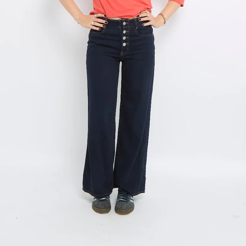 High Waisted Button Up Wide Leg Jeans - UK 8 Comfortable Flare Leg Jeans