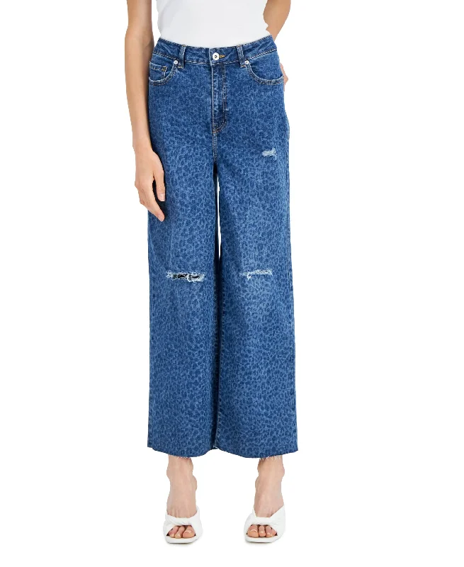 INC International Concepts Womens Animal Print Destructed Wide Leg Jeans Trendy Button-Up High-Waist Jeans