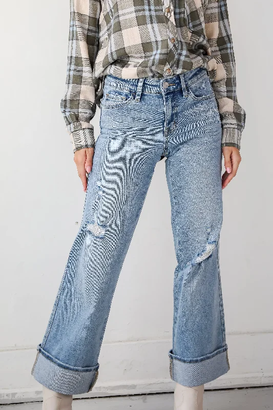 Maggie Light Wash Mid-Rise Cuffed Ankle Wide Jeans Chic Cropped Jeans