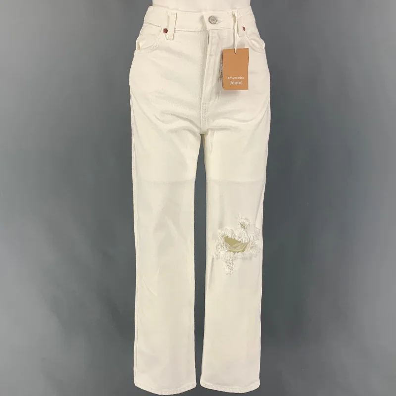 REFORMATION Size 26 Off White Cotton Distressed High Waisted Jeans Fashionable Straight Cut Jeans