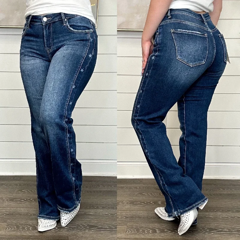 Risen Demi Mid Rise Straight Leg Dark Wash Star Print Jeans Fashionable Raw Edge Jeans