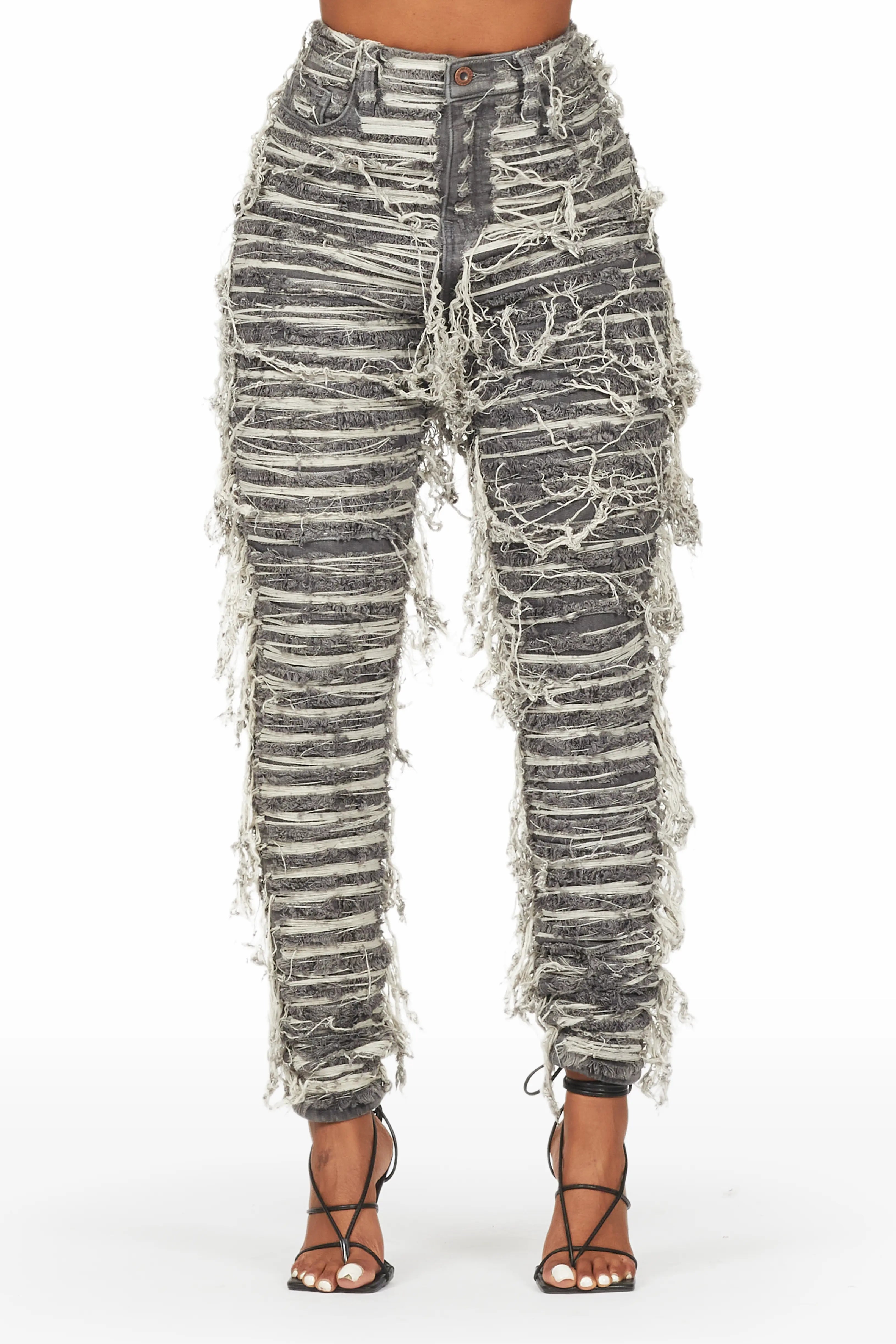 Lucia Grey Wash Shredded Skinny Jean Casual Distressed Denim Jeans
