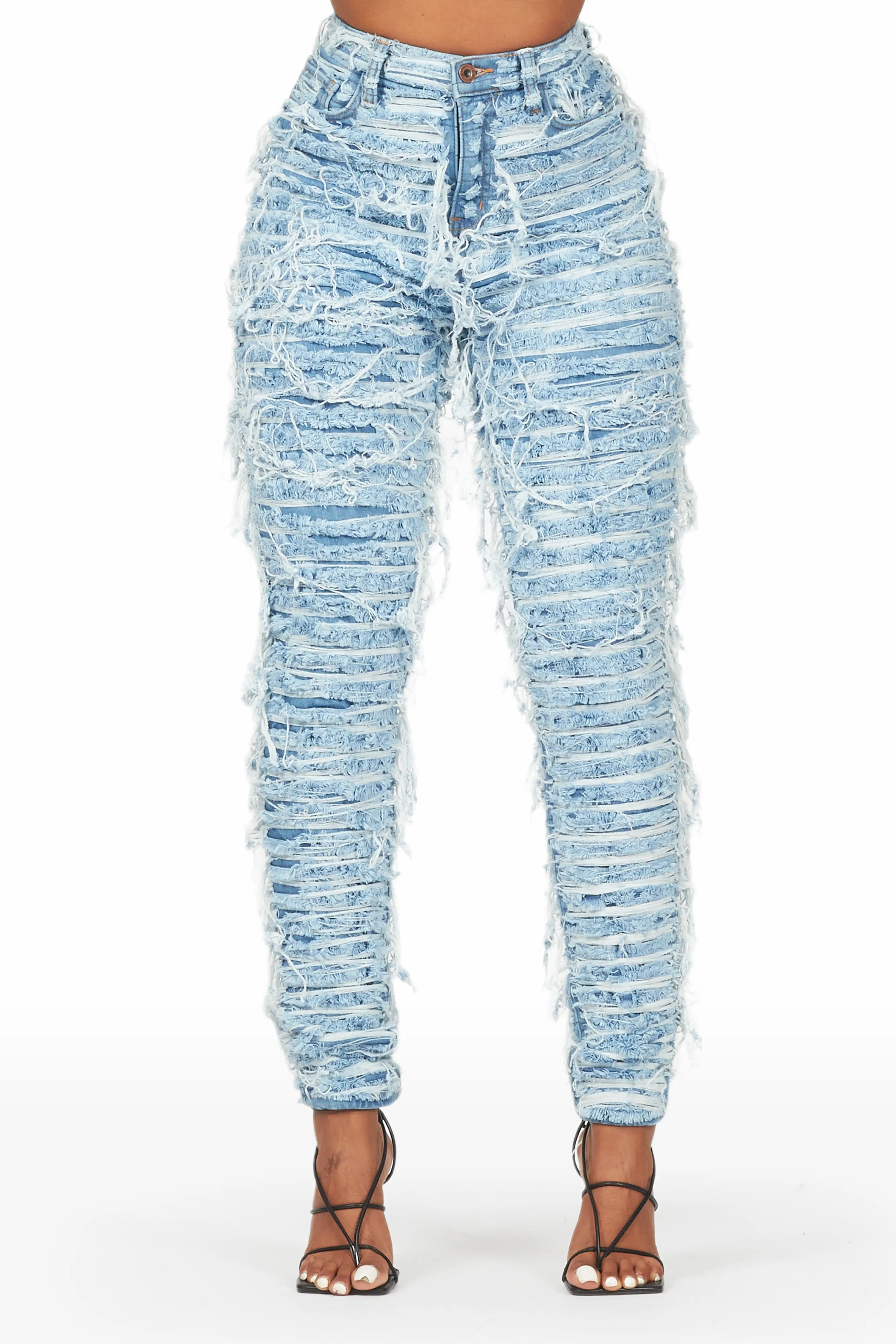 Lucia Med. Wash Shredded Skinny Jean Chic Rolled Cuff Denim Jeans