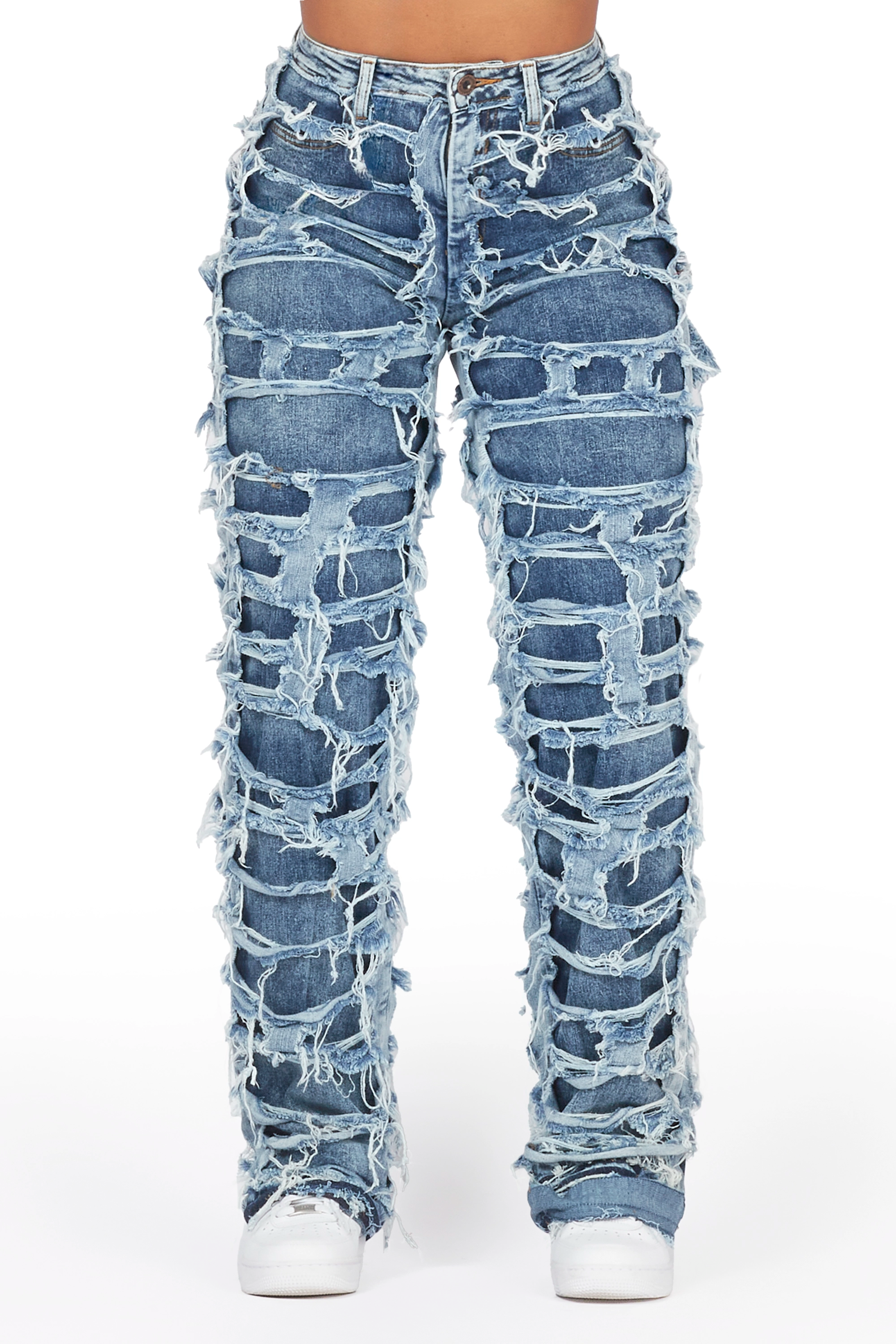 Jaidyn Med. Wash Shredded Wide Leg Jean Comfortable Boyfriend Jeans