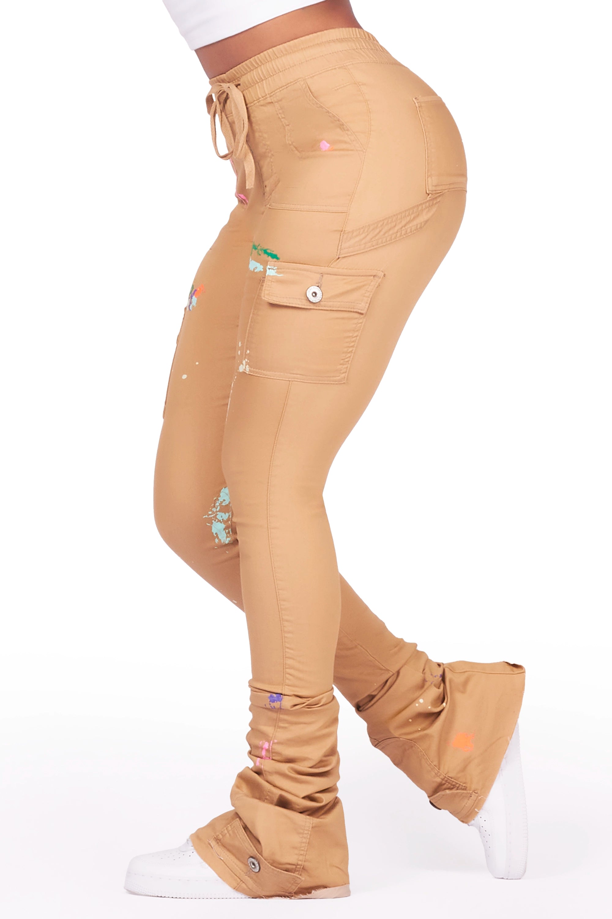 Taniya Dark Tan Cargo Painted Super Stacked Jean Comfortable Mid-Rise Jeans