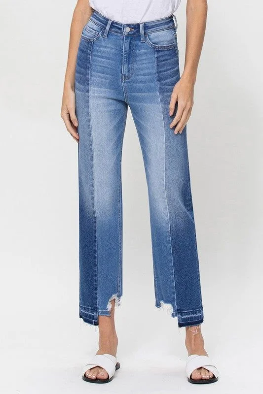 Flying Monkey | Super High Rise Crop Straight Jeans W Contrast And Uneve Stylish Stone-Wash Denim Jeans Flying Monkey | Super High Rise Crop Straight Jeans W Contrast And Uneve Stylish Stone-Wash Denim Jeans
