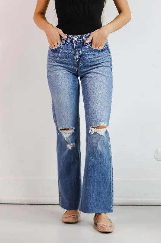 Sydney Medium Wash High-Rise Distressed Wide Leg Jeans Stylish High-Rise Mom Jeans