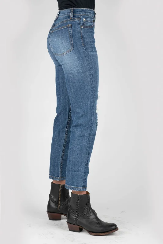 Tin Haul Womens Blue Cotton Blend Highrise Crop 525 Rachel Jeans Comfortable Straight-Legged Denim