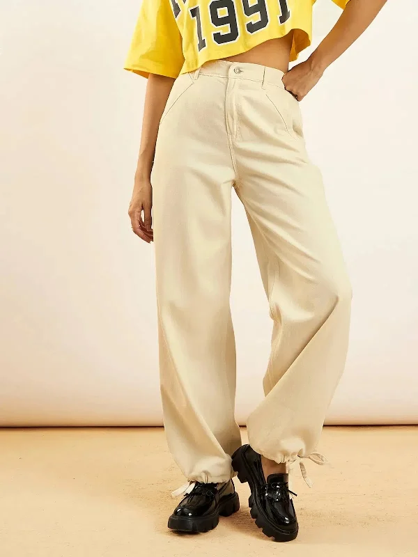 Women Beige Hem Drawstring Detail Jogger Jeans Fashionable Bootcut Jeans