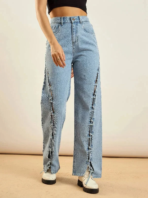 Women Ice Blue Dori Insert Detail Straight Fit Jeans Fashionable Jeggings Style Jeans
