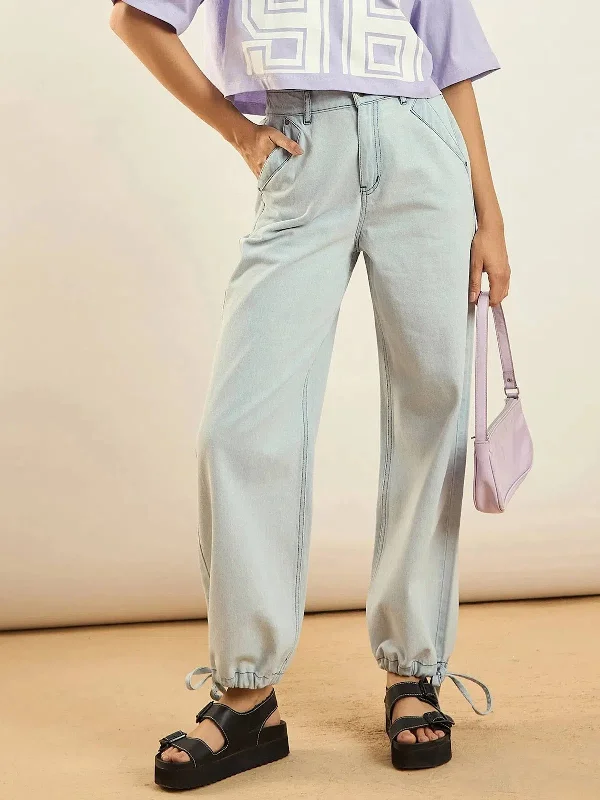 Women Ice Blue Hem Drawstring Detail Jogger Jeans Trendy Skinny High-Waist Jeans
