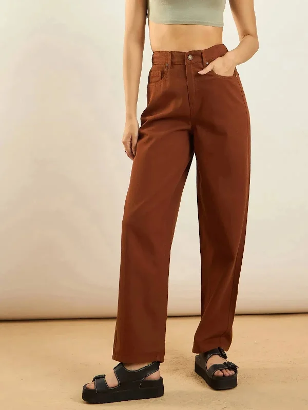 Women Rust Denim Straight Fit Jeans Fashionable Raw Hemmed Jeans