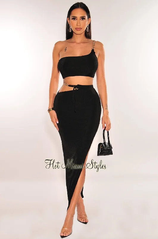 Black Gold Chain One Shoulder Cut Out Skirt Two Piece Set velvet skirt rich