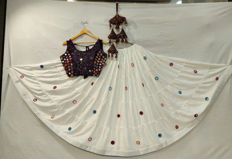 Graceful White Color Rayon Cotton Skirt With Mirror Work For Women corduroy skirt durable
