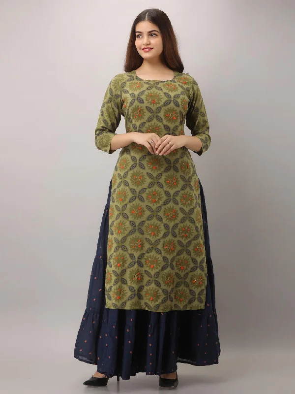 Green Rayon Straight Women's Kurta with Skirt (3 Piece Set) corduroy skirt textured