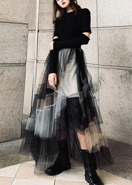 Vintage Color block Ruffles tulle Summer Skirt ribbed skirt waist