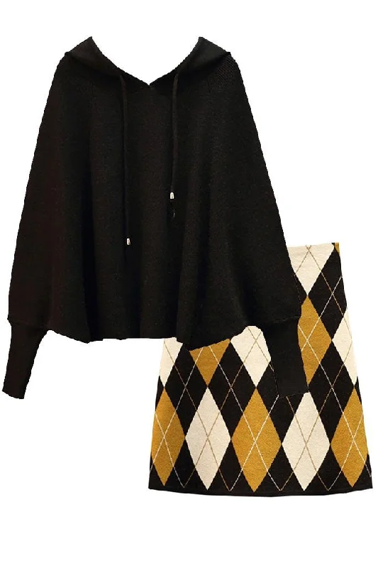Carolina Black Batwing Sweater and Multicolor Skirt Set leather skirt modern