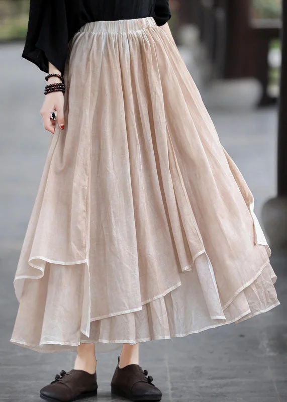 Women Khaki elastic waist Asymmetrical Design layered Linen Skirts Summer linen skirt natural