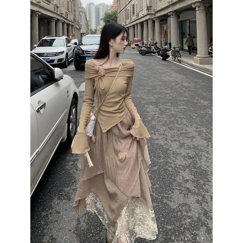 Women's Atmosphere Slim Fit One Shoulder Top Irregular Skirt  2-piece Set lace skirt elegant